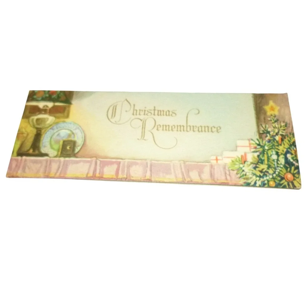 Vintage Christmas Remembrance‎ Greeting Card Interior Scene Tree Gifts USA Made